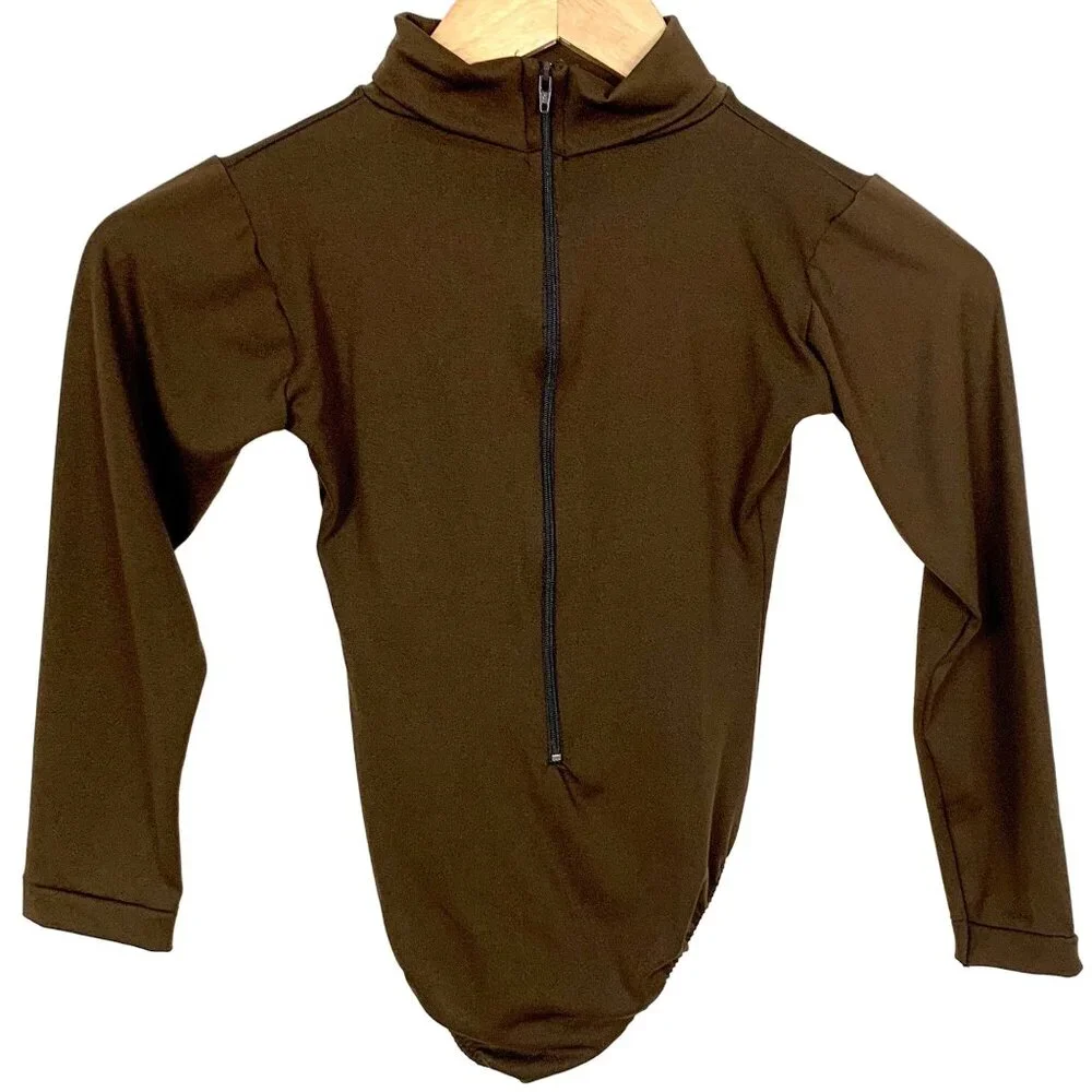 Child’s Brown Mock Turtleneck Long Sleeve Bodysuit Leotard Zip Back Cheer M 7-10